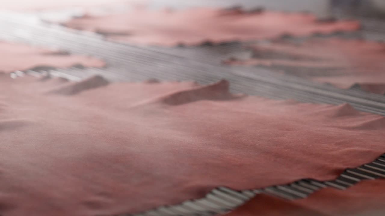 Close Up Of Leather Being Sprayed With Chemical Finish On A Finishing Machine During Production