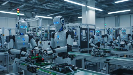 advanced robotic assembly line: highly automated robots with led features collaborate seamlessly on high-tech circuit board manufacturing in a modern industrial setting