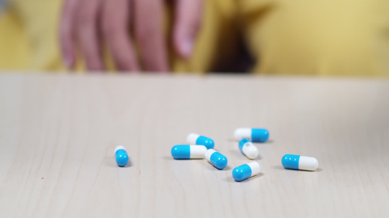 A hand drops colorful capsules a table highlighting health and wellness in a close-up shot