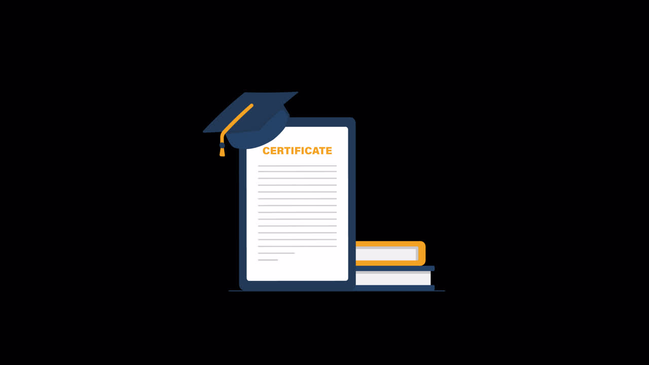 Animated Illustration of Education Certificate, Graduation Cap, and Books