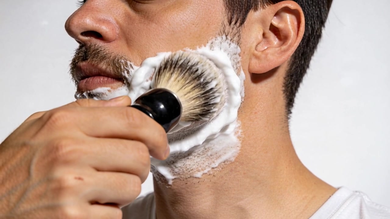 Uomo con una canottiera bianca che, usando un pennello da barba, spennella la schiuma sulla guancia destra in uno studio, preparandosi a radersi.