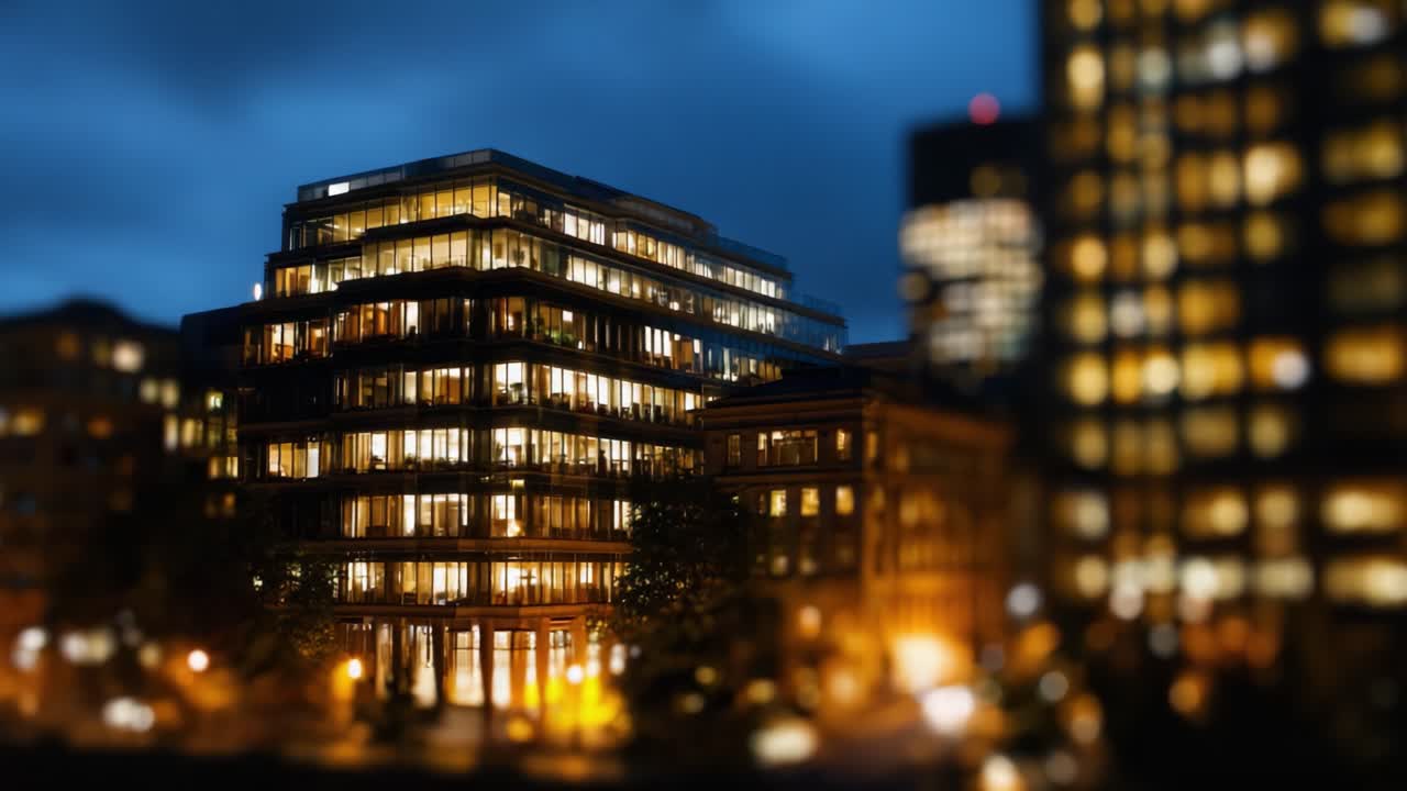 Uma maravilha arquitetônica moderna iluminada à noite, exibindo um design elegante em vidro e luzes aconchegantes em meio a um horizonte urbano contemporâneo em um ambiente atmosférico.