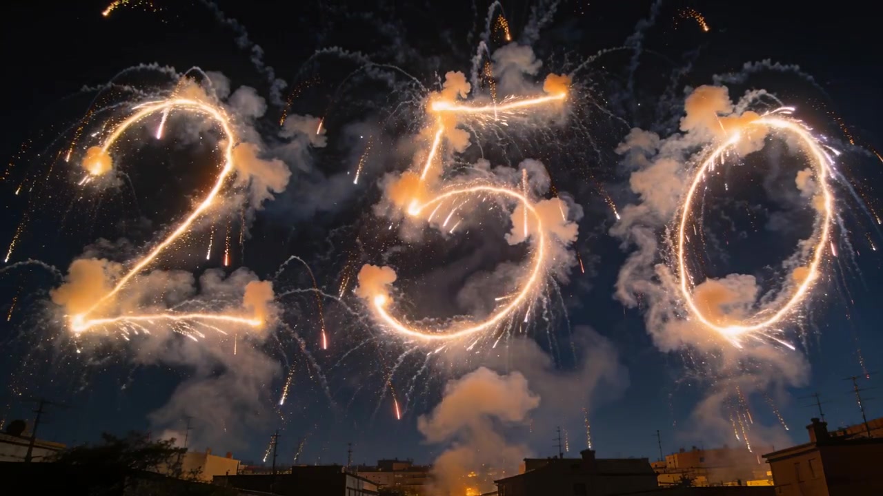 Fuochi d'artificio che vengono lanciati e tracciano i numeri 250 nel cielo notturno sopra i tetti urbani, con scie di scintille.