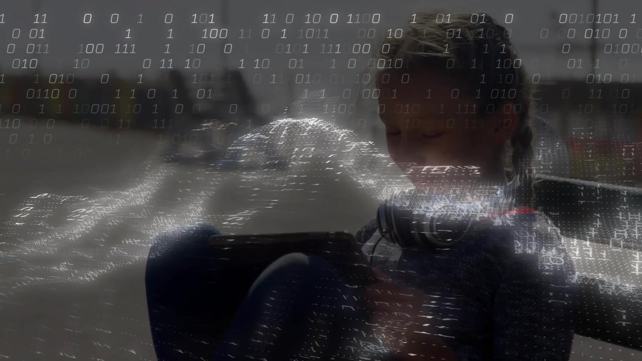 Girl tapping tablet at pier bench, initiating binary digit waves merging into water for data