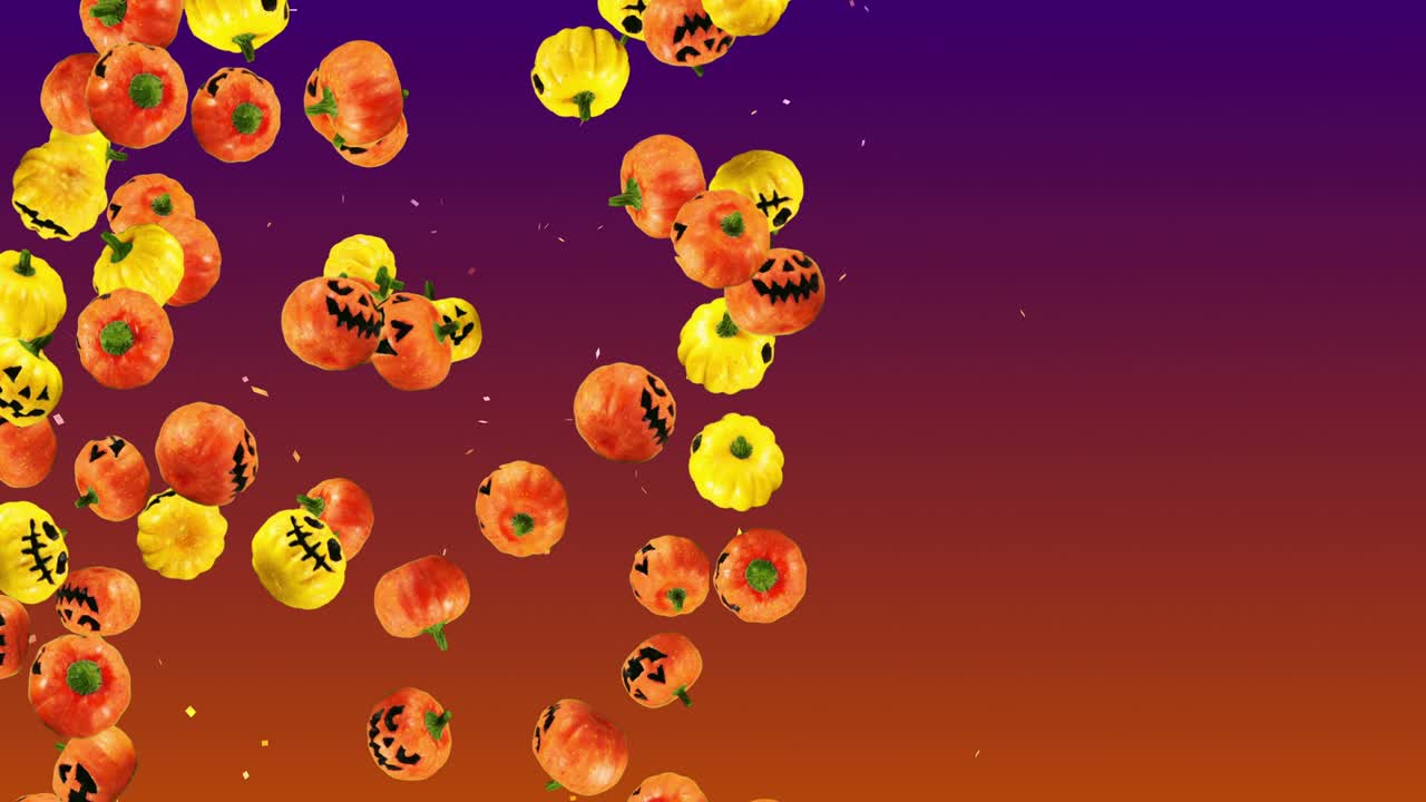 Flying many orange and yellow pumpkins. Gradient background. Cartoon faces with smile. 3D animation for the holiday Halloween. Loop animation.