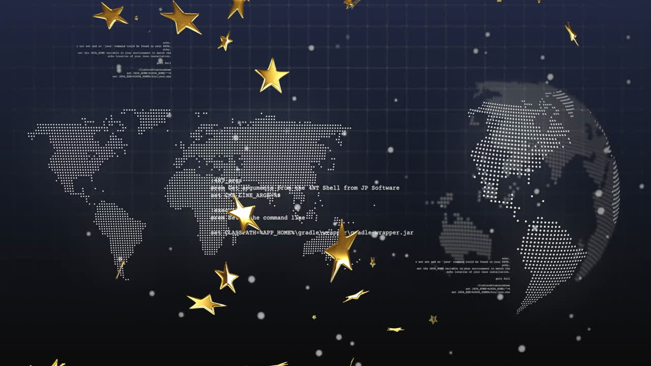 Animation of world map with digital data and golden stars on dark background