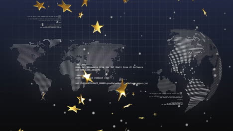 animation of world map with digital data and golden stars on dark background