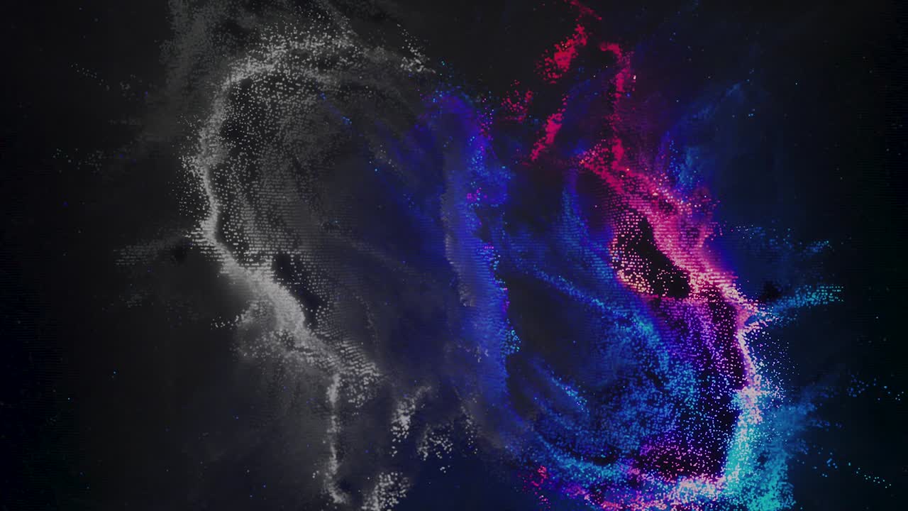 Abstract cosmic background with stars and cloud of blue and pink colors, seamless loop. Animation. Space nebula moving slowly on black background, pixel art style