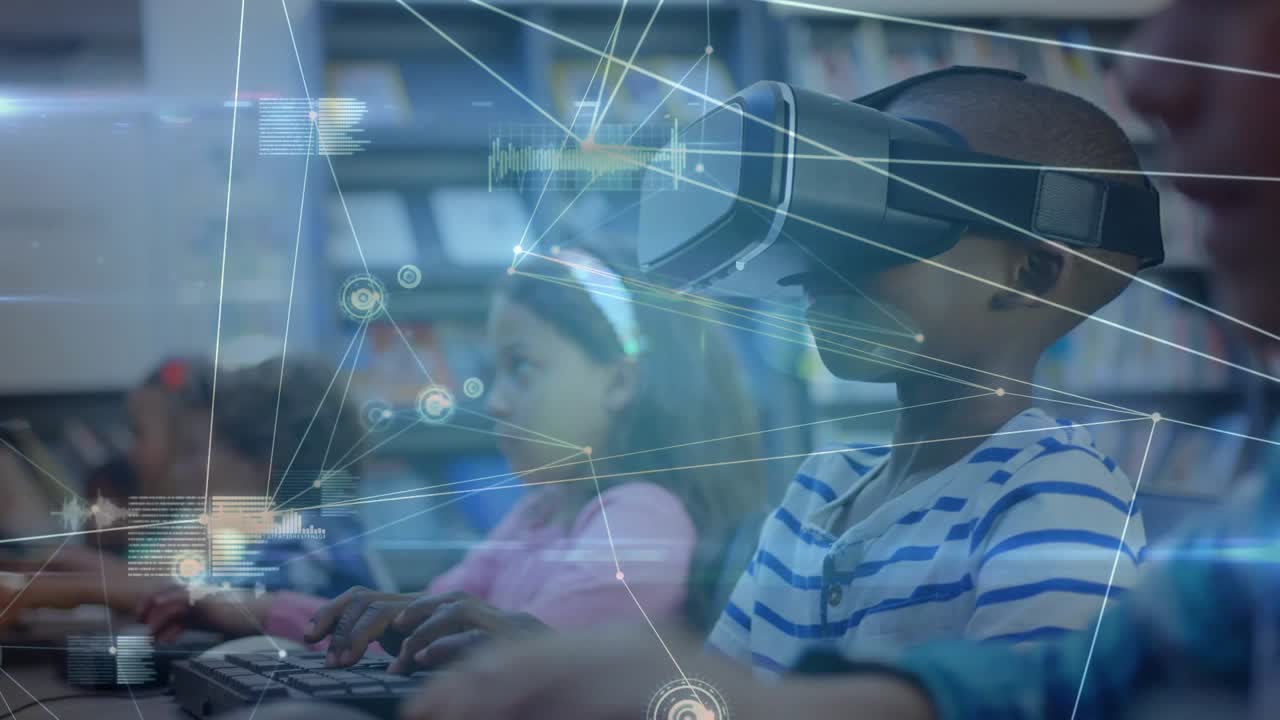 Six students placing VR headsets in library starting education VR class with animated data overlays