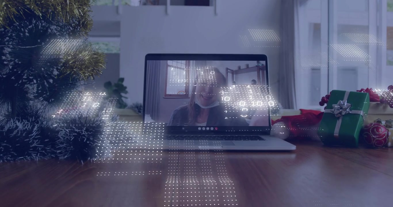 Matrix streaming on laptop receding and revealing tech call UI woman greeting, nodding and smiling