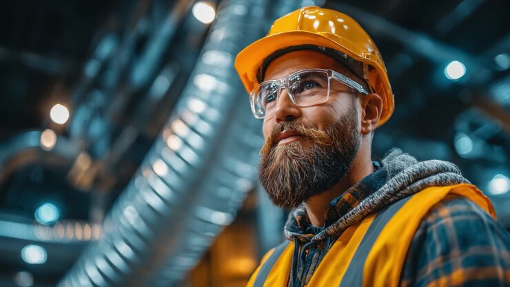 A dedicated construction worker in safety gear stands confidently in an industrial setting, showcasing professionalism and commitment to workplace safety while working on a project