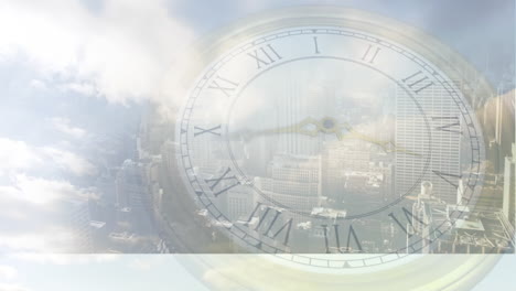 animación del paisaje urbano sobre el reloj en movimiento