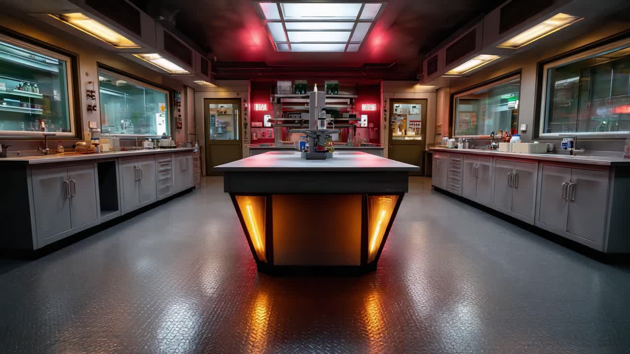 Interni di laboratorio moderni ed eleganti, caratterizzati da un'isola centrale illuminata con superfici pulite e attrezzature high-tech in uno spazio ben illuminato