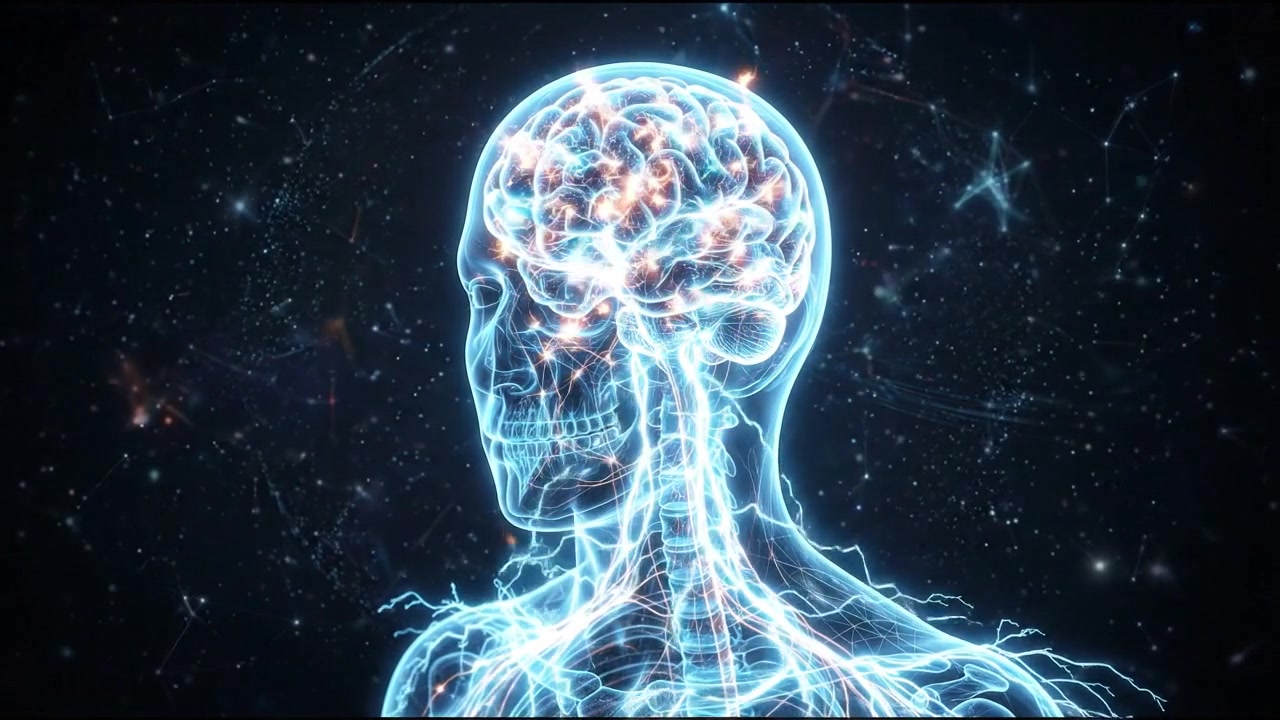Scansione luminosa del cervello umano piena di segnali colorati di attività neurale
