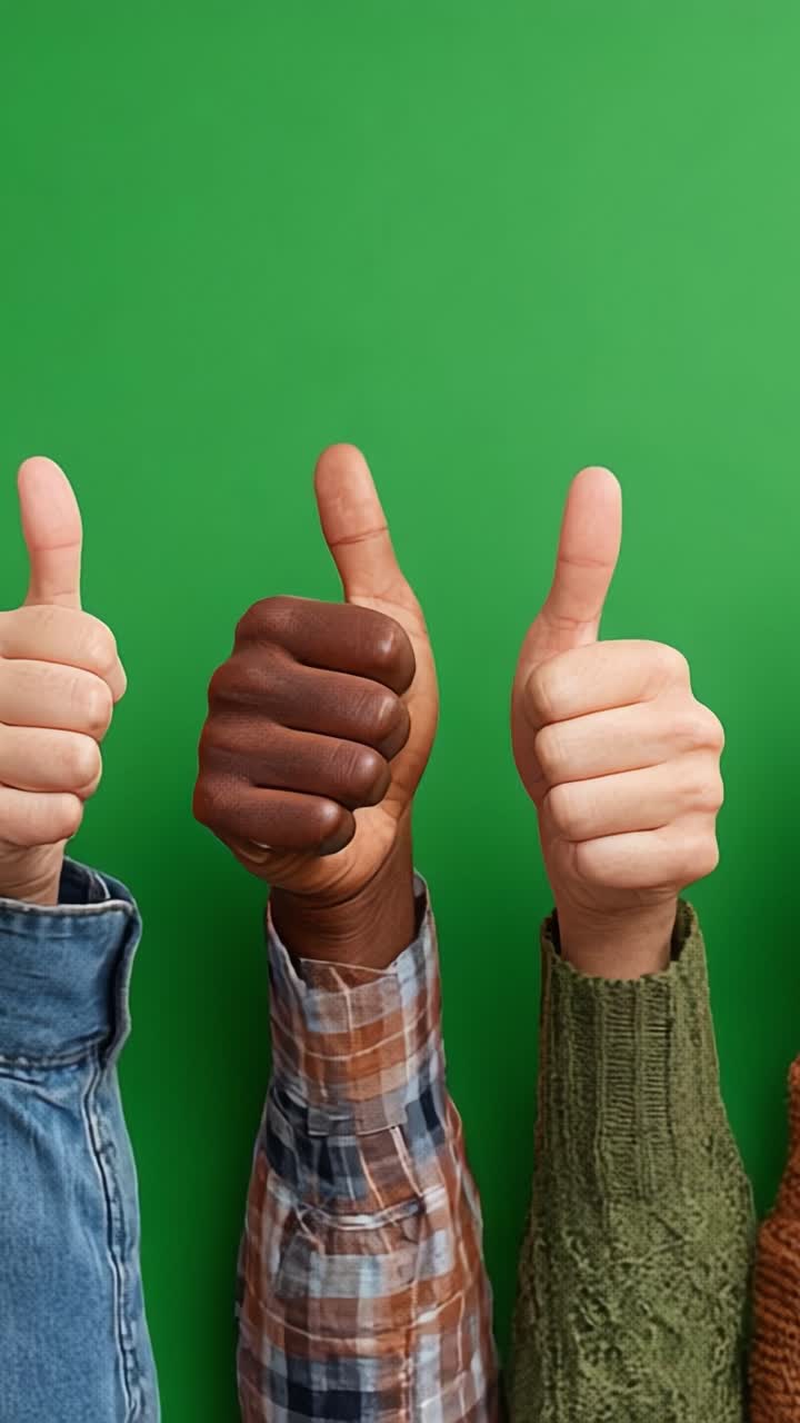 Un grupo diverso de manos mostrando el pulgar hacia arriba sobre un fondo verde brillante, que simboliza positividad, unidad y apoyo en un ambiente vibrante