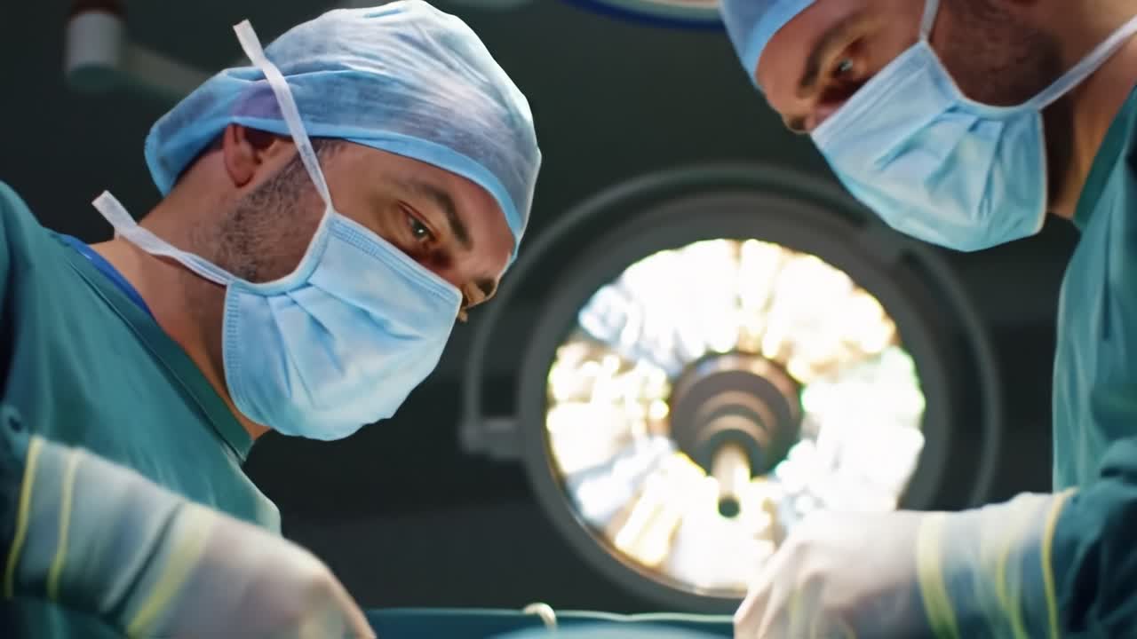 A Critical Surgical Procedure: Two Surgeons Focused on Precision and Care During an Operation under Bright Operating Room Lights