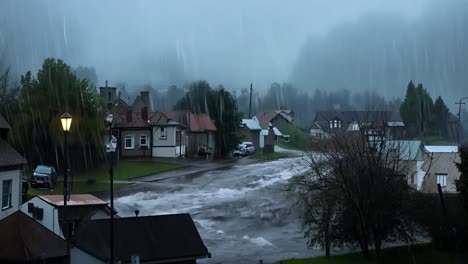 flooded street in a town during a heavy rainstorm