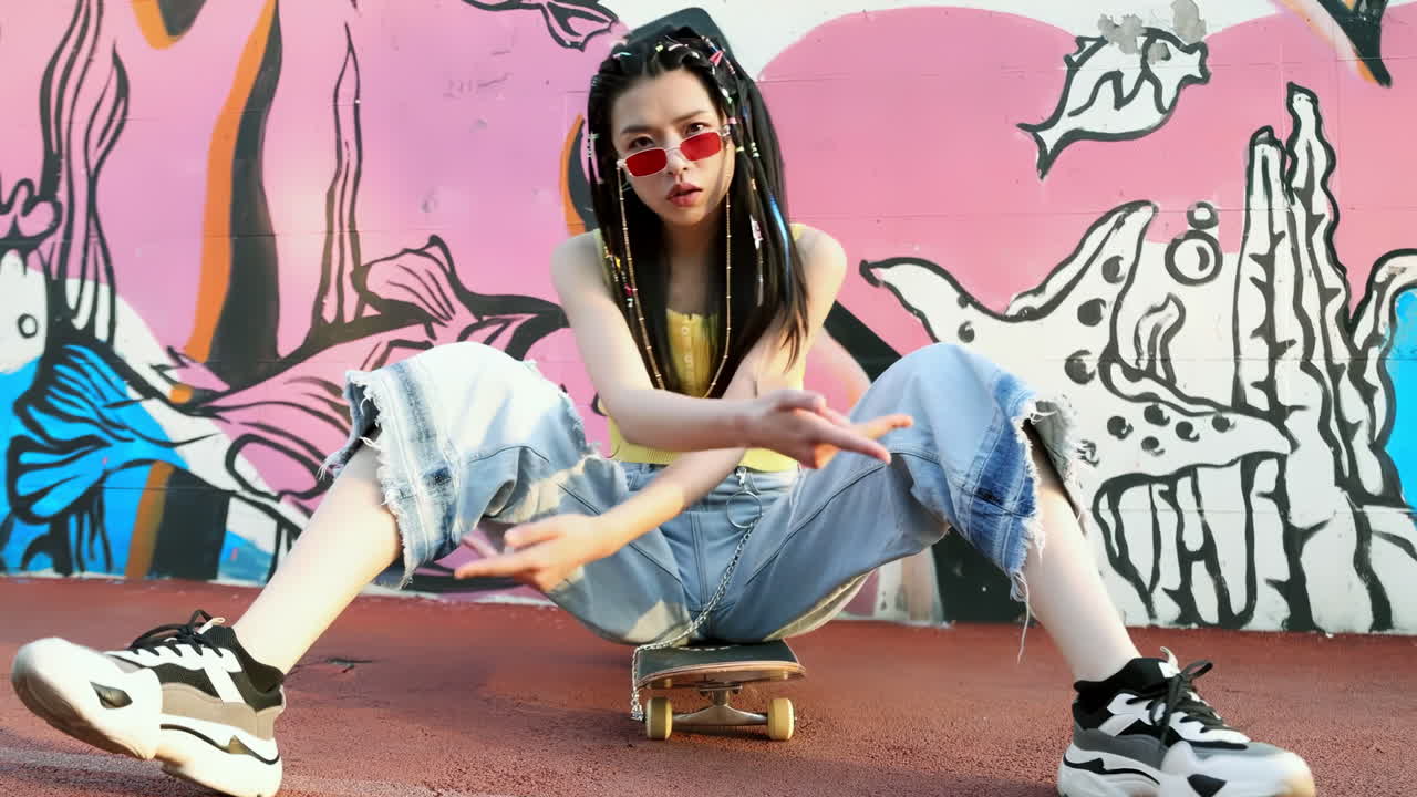Trendy fashionable joyful young girl, energetic confident, perform hip hop dance moves in the street with skateboard outdoors, against colorful graffiti wall, concept freedom lifestyle, wild free