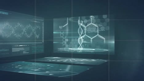 animation of light spot over multiple screens with medical data processing against green background