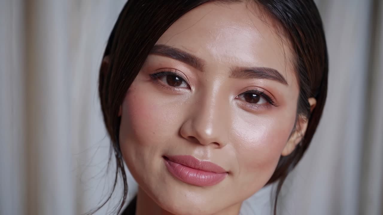 Close-up video shot of a woman's face, highlighting natural makeup and glowing skin