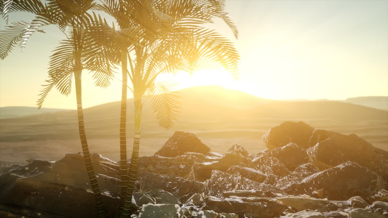 해가 지면서 사막에 있는  ⁇ 나무