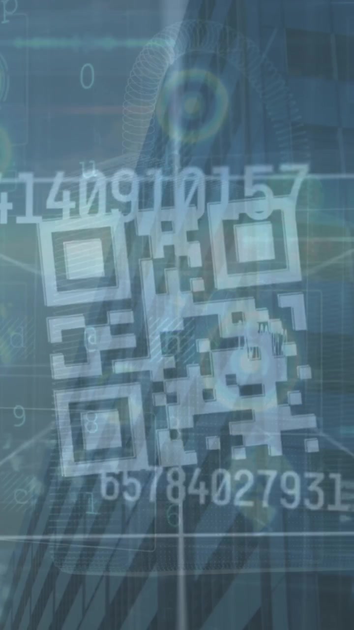 Animation of qr code and data processing over cityscape