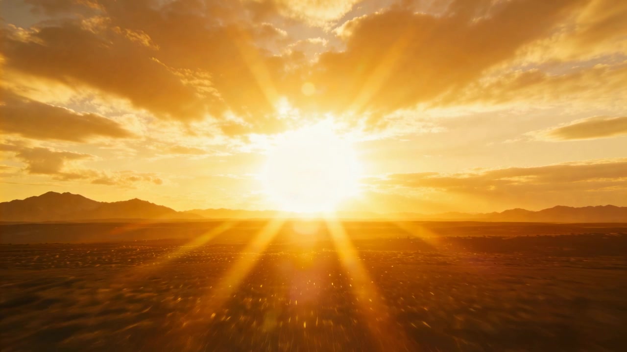 Einfangen der heller werdenden Sonne, die Gold über die Ebene am Horizont wirft, subtile Kamerabewegung verursacht Lichtreflexe.