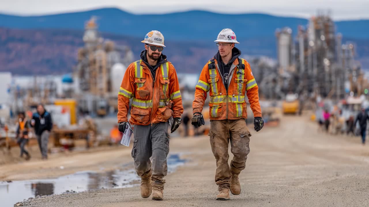 Two Workers in Protective Gear Strolling Along a Construction Site, Engaged in Conversation While Showcasing Teamwork and Focus on Safety in Their Profession