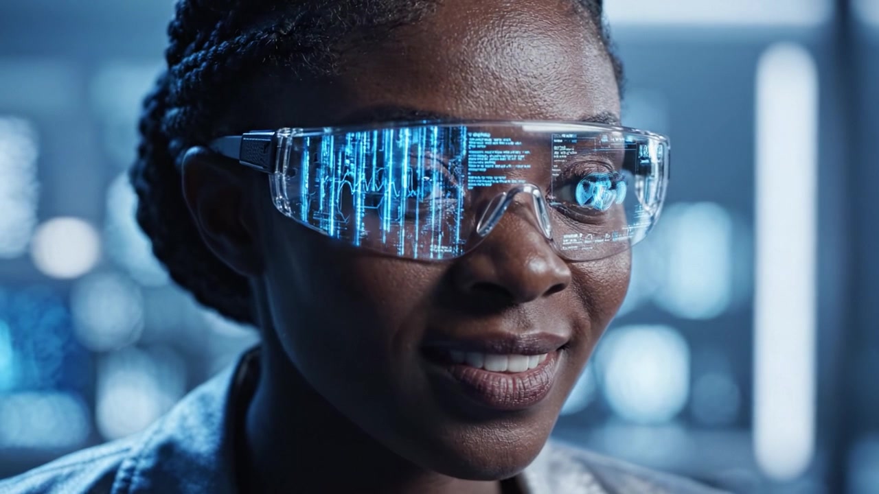 Uno scienziato concentrato che indossa occhiali futuristici trasforma i dati in elementi visivi, riflettendo innovazione e tecnologia in un ambiente di laboratorio ad alta tecnologia, mostrando intelligenza e creatività