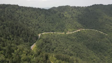 Aerial:-Lone-car-drives-down-winding-hillside-mountain-road-in-trees