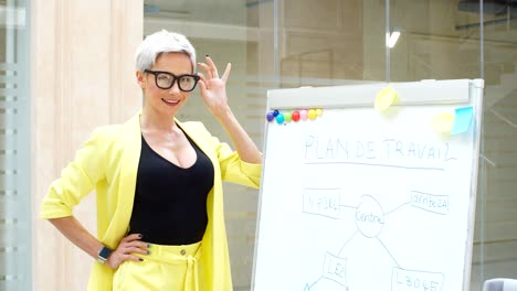 happy female fashion designer standing near the flipchart, leaning on it