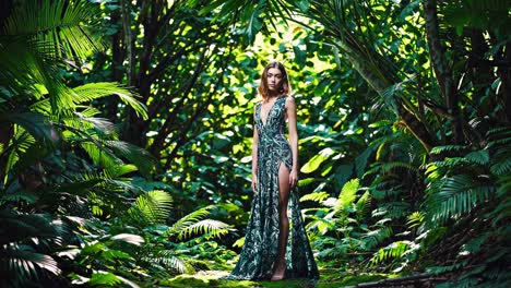 woman in a tropical dress in a lush forest