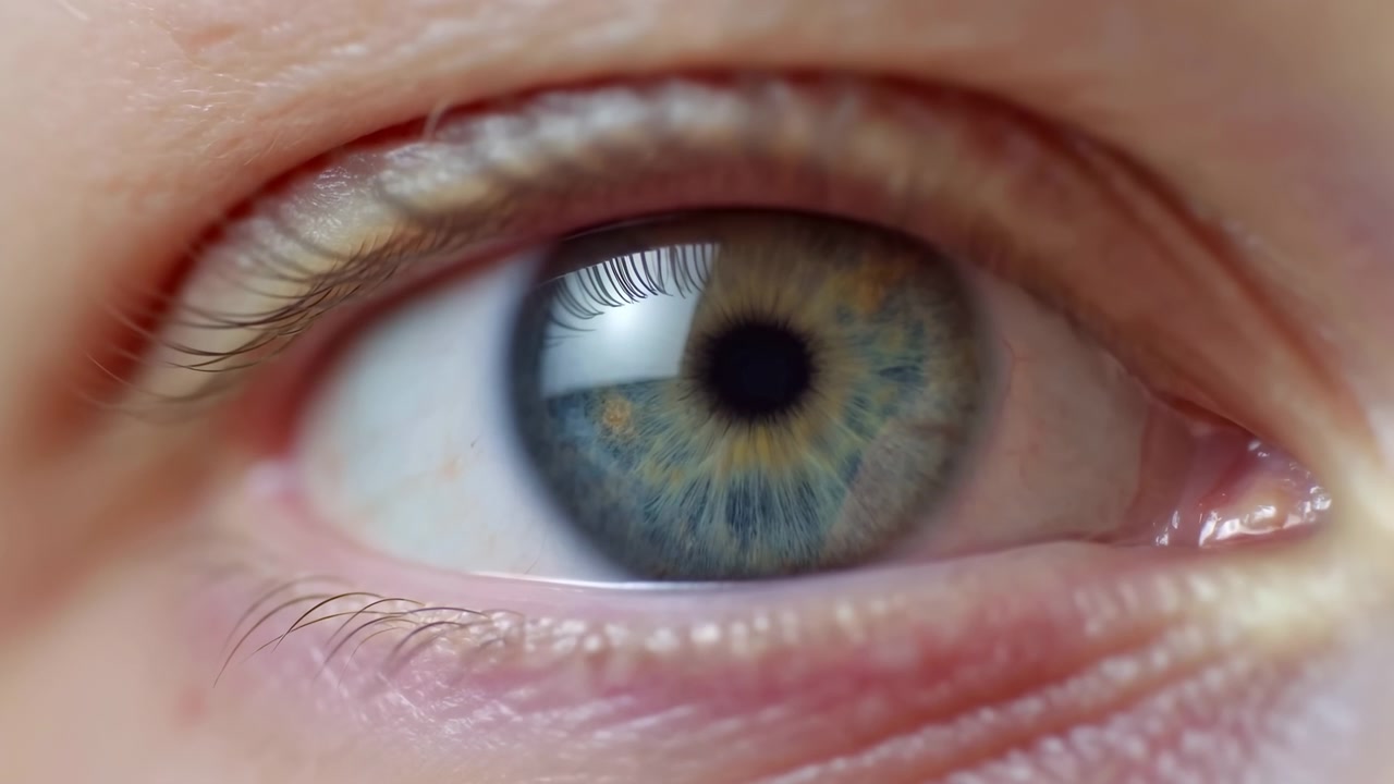 Macro dell'iride di un occhio verde di paziente caucasico, riflesso clinico sulla cornea, ciglia visibili e pelle texturizzata.