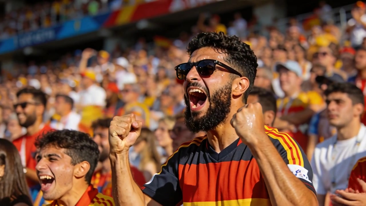 Hombre barbudo animando con camiseta roja y amarilla y gafas de sol, celebrando un gol en el estadio, agitando banderas.