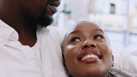 black couple, love and relaxing at home