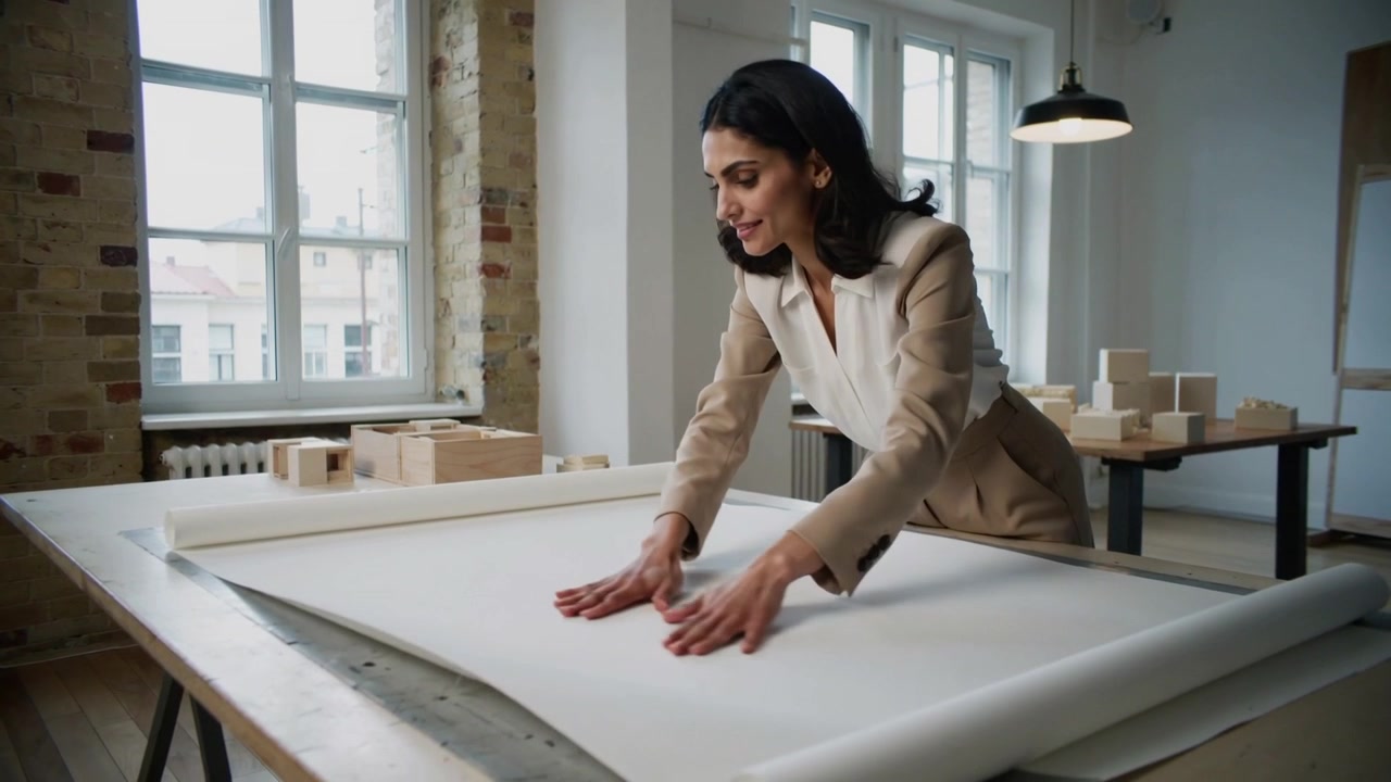 Approaching woman in beige blazer unrolling and smoothing blueprint on worktable for review