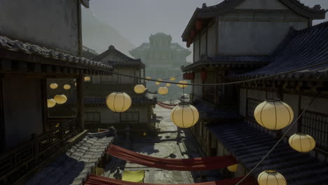 lanterns illuminate a serene traditional village at dusk