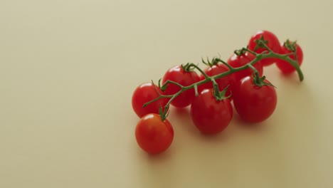 video de tomates cerezos frescos con espacio de copia en fondo amarillo