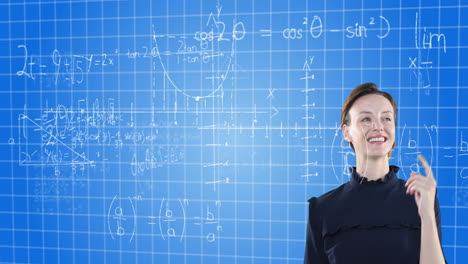 animation of confident caucasian woman with floating mathematics formulae on blue background