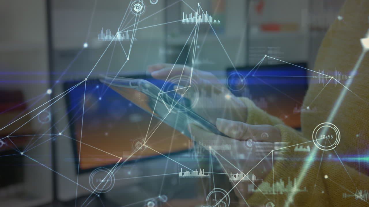 animación de redes de conexiones a través de maestras caucásicas que usan tablets