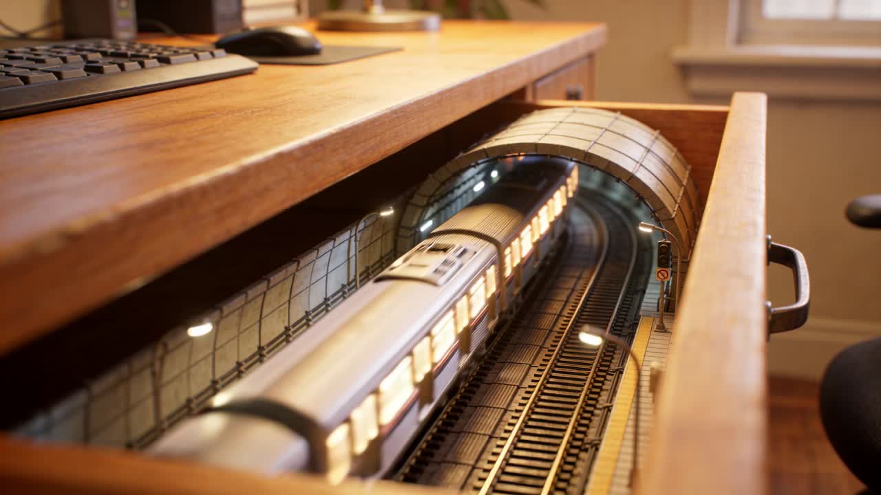 Tirando fuori un cassetto che rivela un treno della metropolitana modello illuminato che si muove in un tunnel curvo sotto tasti e mouse.