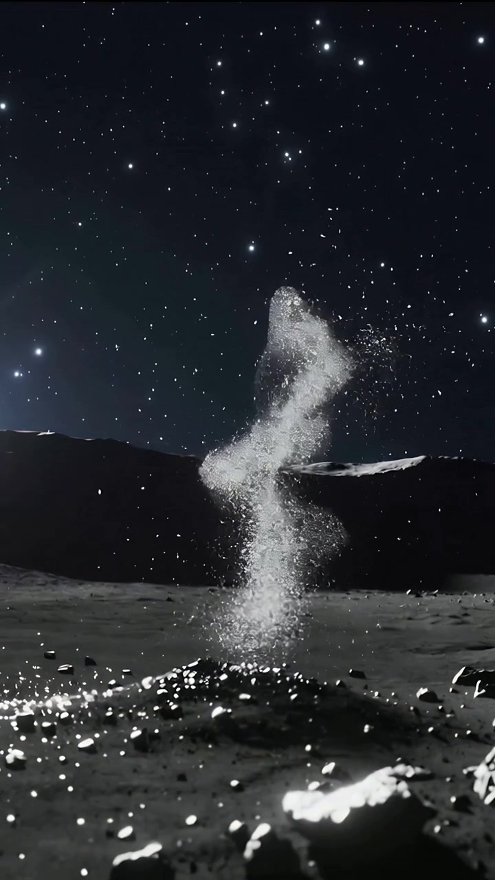 Video verticale: Scheggia luminosa che colpisce, causando un pennacchio che sale, si attorciglia e svanisce sul fondo del cratere