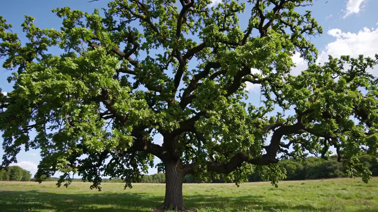 Quercia verde in un prato e primo piano della sua corteccia ruvida