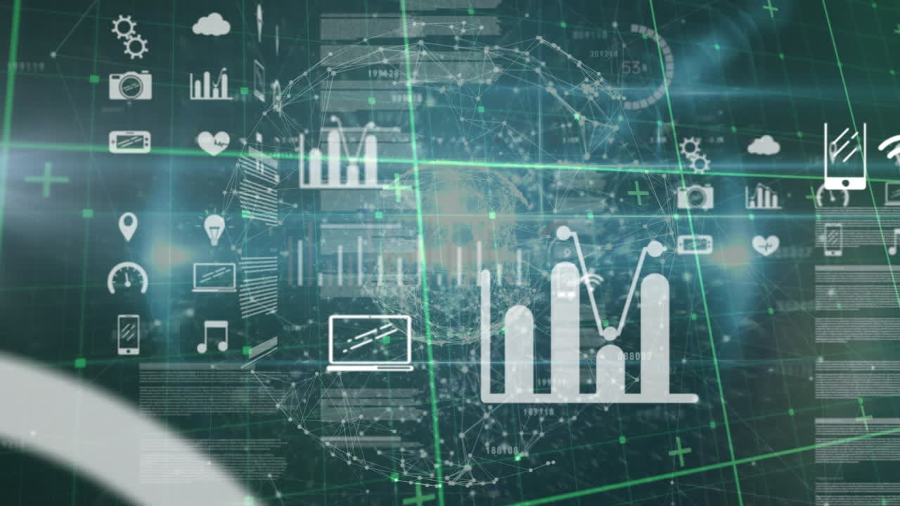 Animation of screens with data processing over globe of network of connections on green background