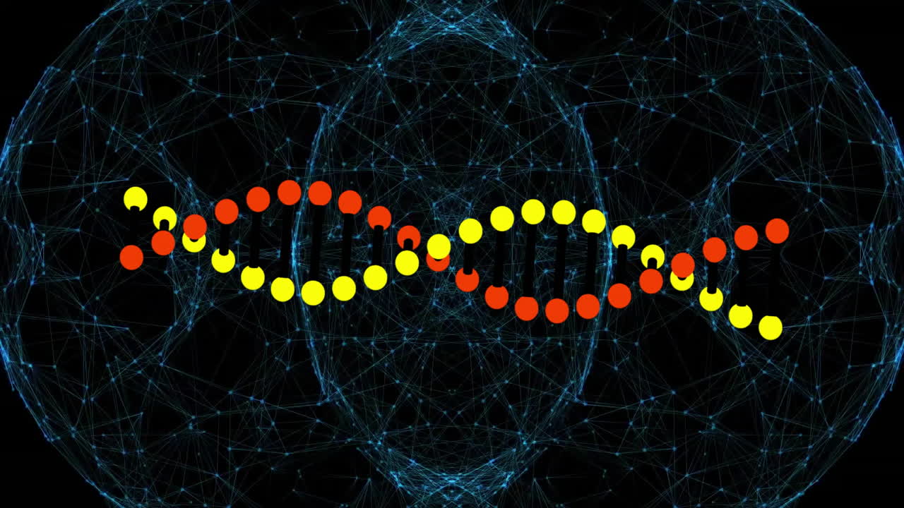 DNA strand animation with colorful digital network background in science concept