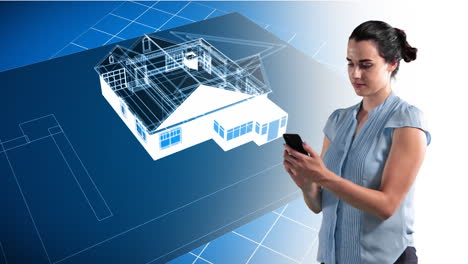 animación de una mujer usando un teléfono inteligente sobre una casa giratoria