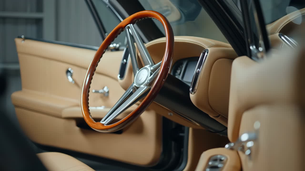 Close-up of a classic car's luxurious tan leather interior and wooden steering wheel
