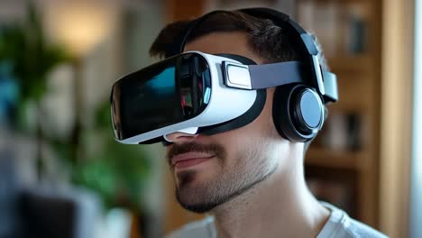 a man wearing a virtual reality headset in a living room