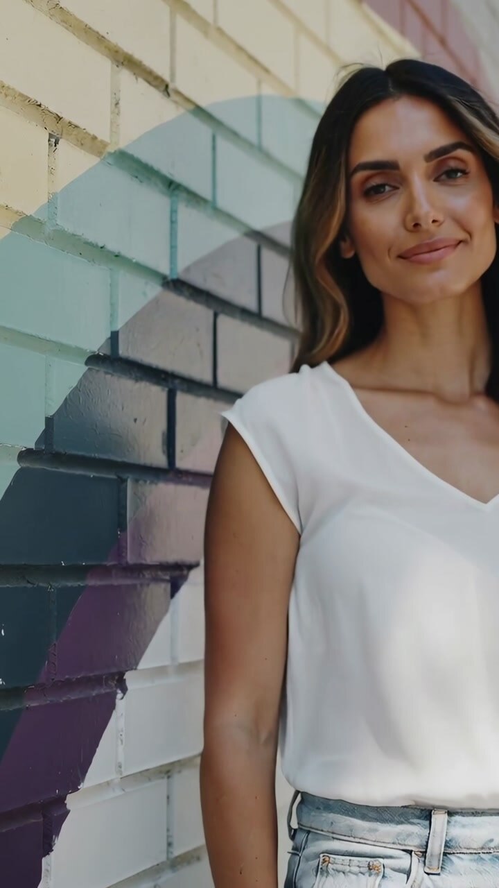Vertical video: Posing woman as camera cropping in, shifting gaze, modeling in blouse jeans, mural