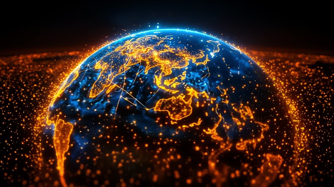 Vibrant digital earth links. Glowing Earth illustration with vibrant data connections, symbolizing global connectivity across continents and oceans.